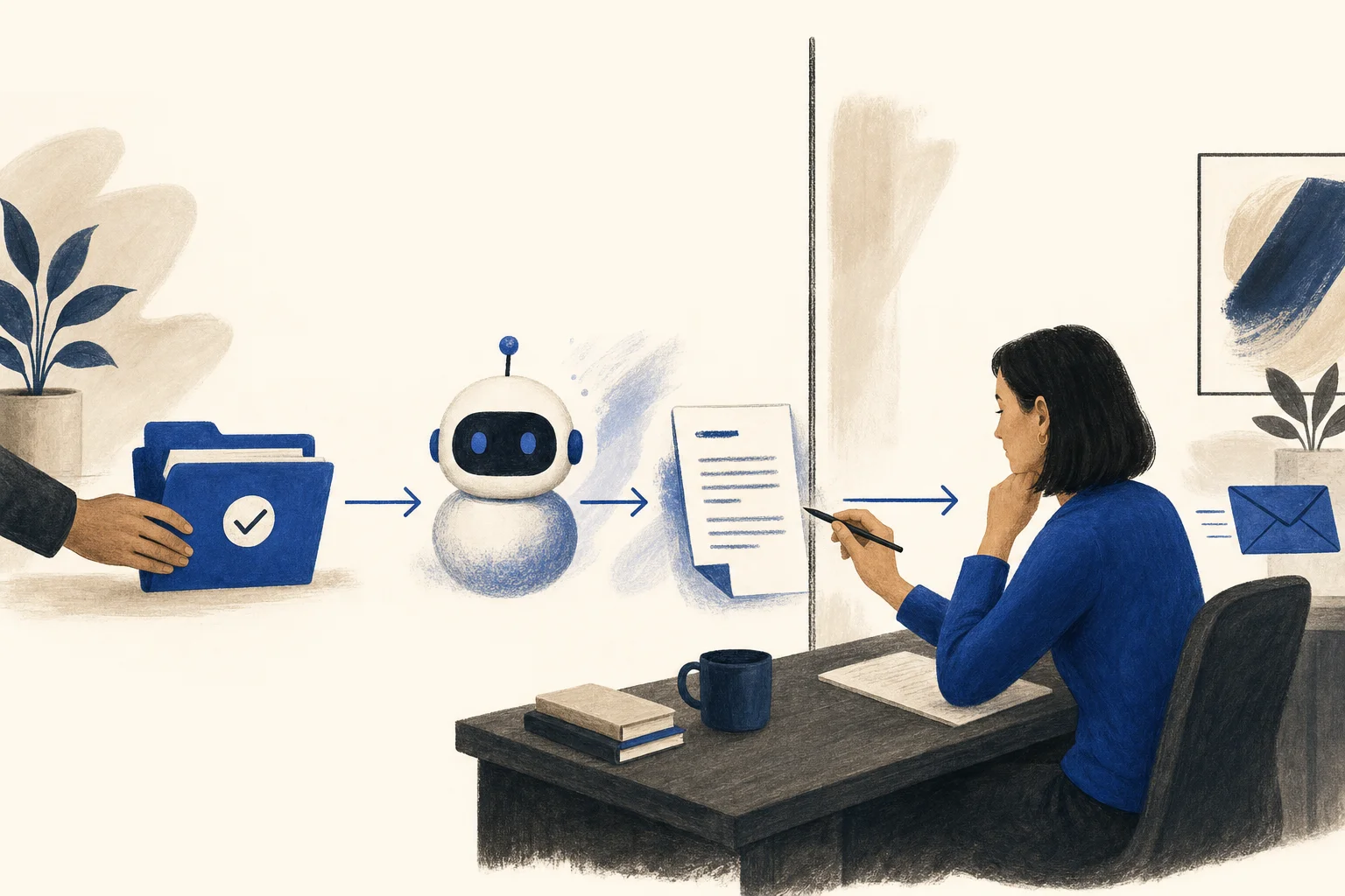 許可された資料からAIが返信案を作り、人が内容を確認してから送信する運用例。AIの下書き作成と、人による送信を分けて示している。