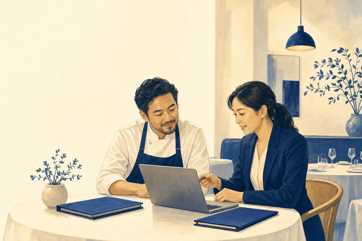 飲食店の担当者と経理担当者が、パソコンを前に相談するイメージ。