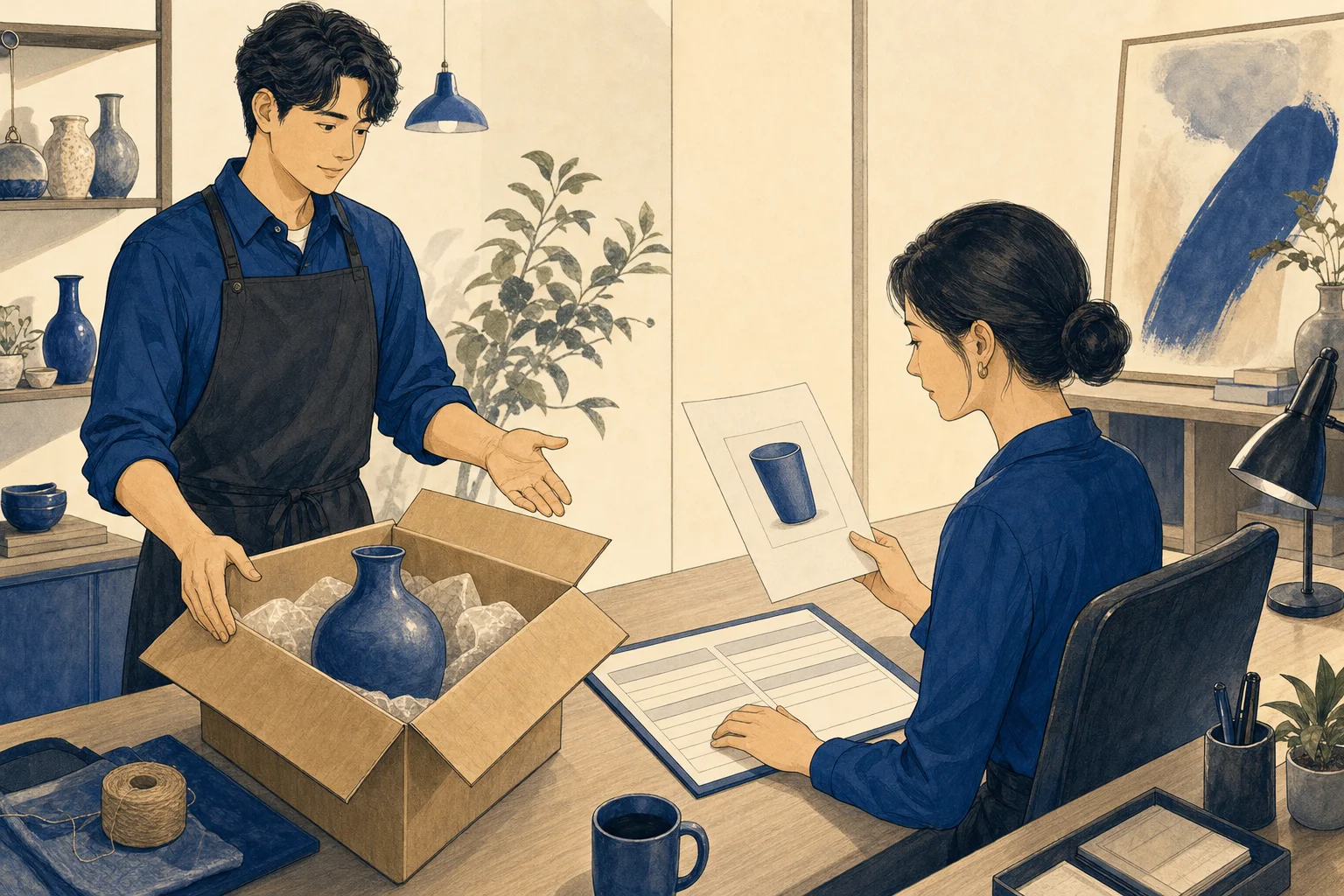 注文と違う商品が届いた店舗からの相談を、担当者が元の相談文と受付票を並べて確認する応用例