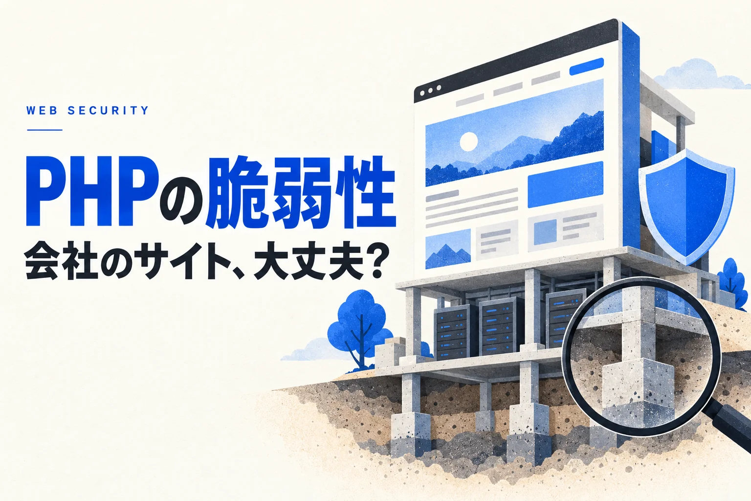 PHPの脆弱性。会社のサイト、大丈夫？サイトの土台を点検するイラスト